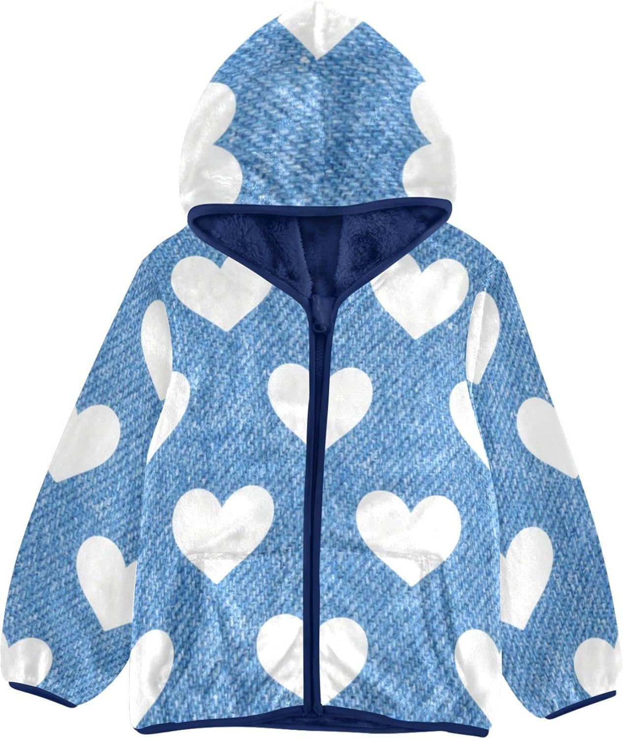 Blue and White Heart Kid Fleece Jacket Children Plush Jackets Navy Blue Baby Zipper Hoodie 3T