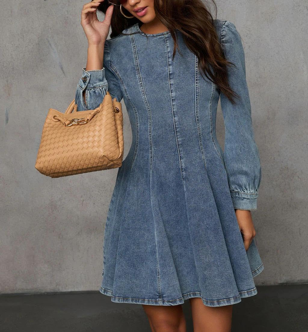 yoeasy Women's Denim Dress Long Sleeve Crewneck A Line Swing Ruffle Casual Mini Babydoll Jean Dresses - Image 4