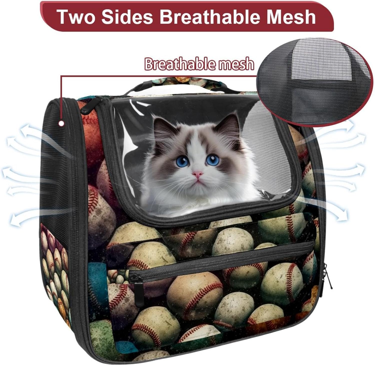 Portable Travel pet Backpack Carrier Hamster Bag Small Dog cat Carrier Breathable Hang Bag, Baseball Ball Background