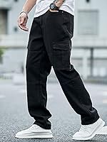 Vista 4 de WDIRARA Pantalones de mezclilla tipo cargo texturizados para hombre, pierna recta, con múltiples bolsillos con solapa