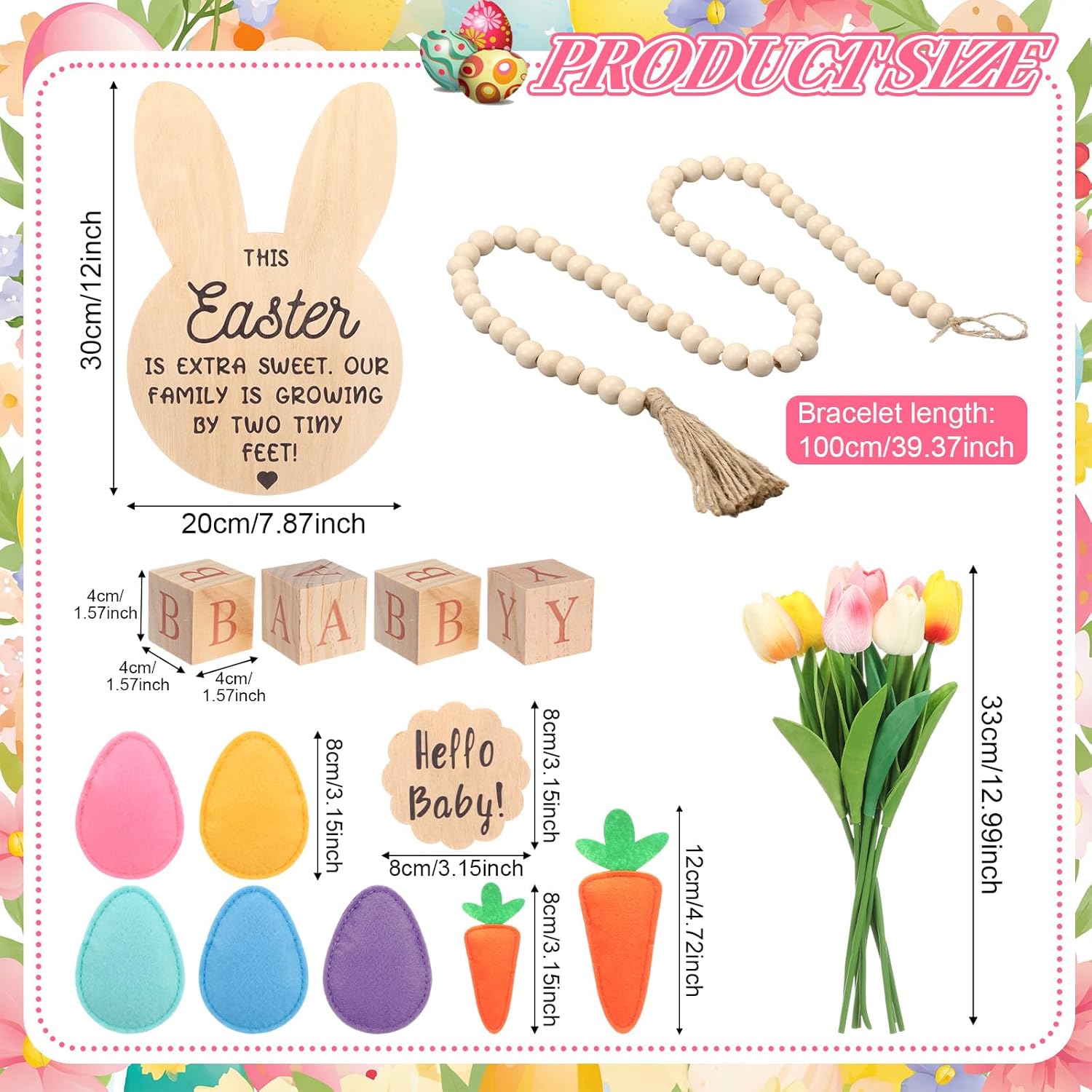 22 Pcs Easter Pregnancy Announcement Set Spring Baby Reveal Ideas Include Wooden Bunny Shape Sign Wood Block Prop Bead Felt Carrot Easter Eggs Fake Tulips for Gender Reveal Baby Shower Party