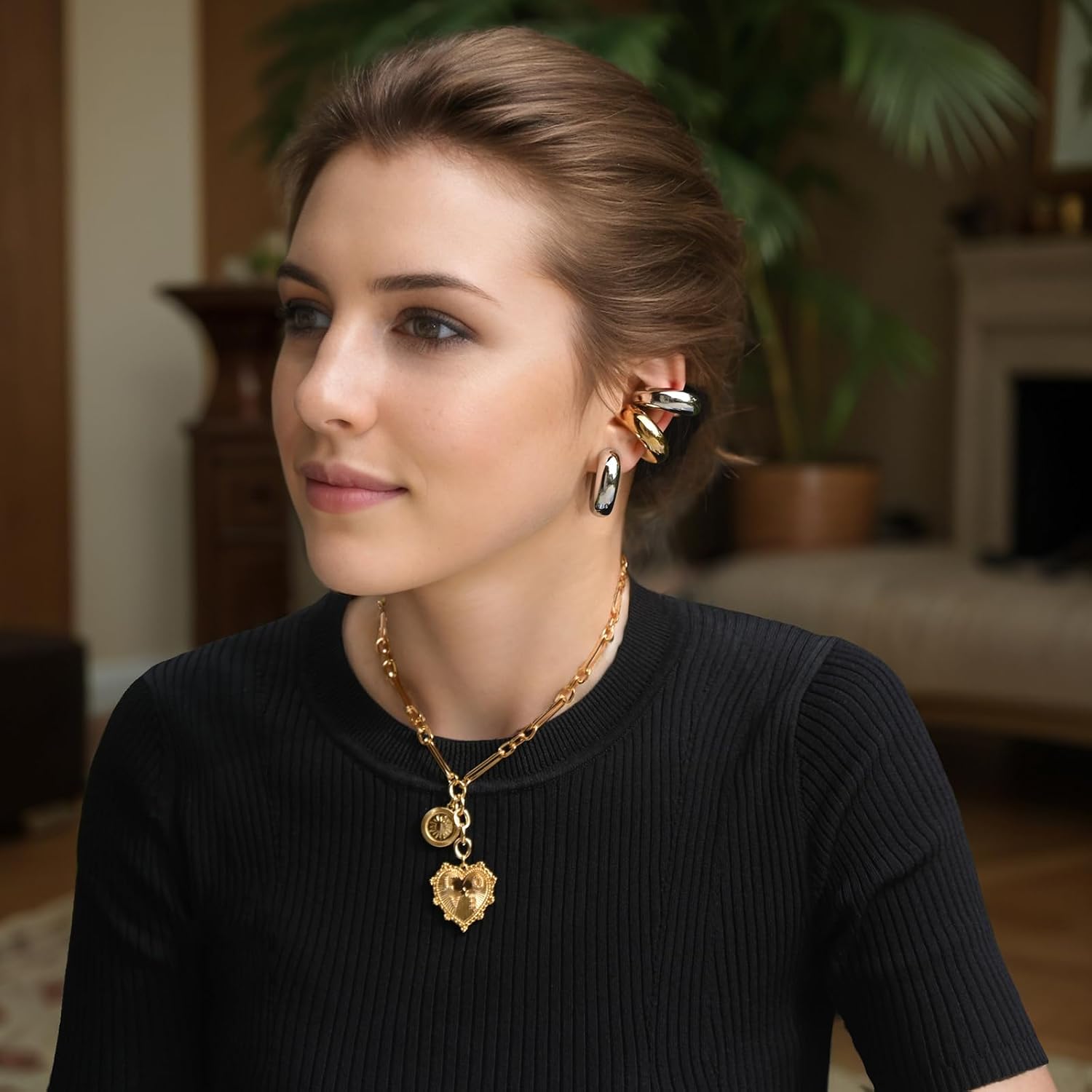 Gold Hoops Earrings for Women Gold Earrings Hoops Silver Hoop Earrings 18k Gold Plated Earrings Chunky Gold Silver Earrings, Ear Cuffs for Women Non Piercing Fashion Earrings for Women