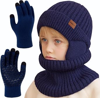 Kids Winter Beanie Hat Scarf Gloves Set 4-10Y, Knit Hat With Earmuffs Neck Gaiter Fleece Lined Touchscreen Gloves Boys Girls