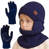 Kids Winter Beanie Hat Scarf Gloves Set 4-10Y, Knit Hat With Earmuffs Neck Gaiter Fleece Lined Touchscreen Gloves Boys Girls