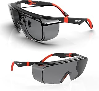 DEX FIT Safety Work Over Glasses SG210 OTG; Z87 Eye Protection for Men & Women, Fog & Scratch Resistant, Adjustable, UV Block (Black & Red Frame, Tinted Lens)
