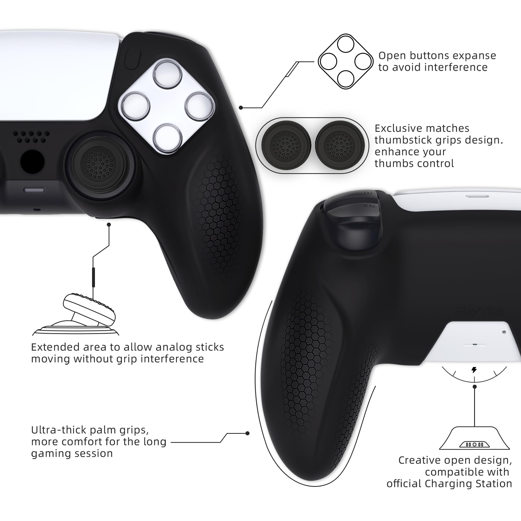 playvital Cover Controller per ps5, Joystick Custodia Protettiva Skin Silicone Grip Ergonomico Antiscivolo & 2 Copri Analogici, Adatto per Base di Ricarica, Ninja Edizione, Nero