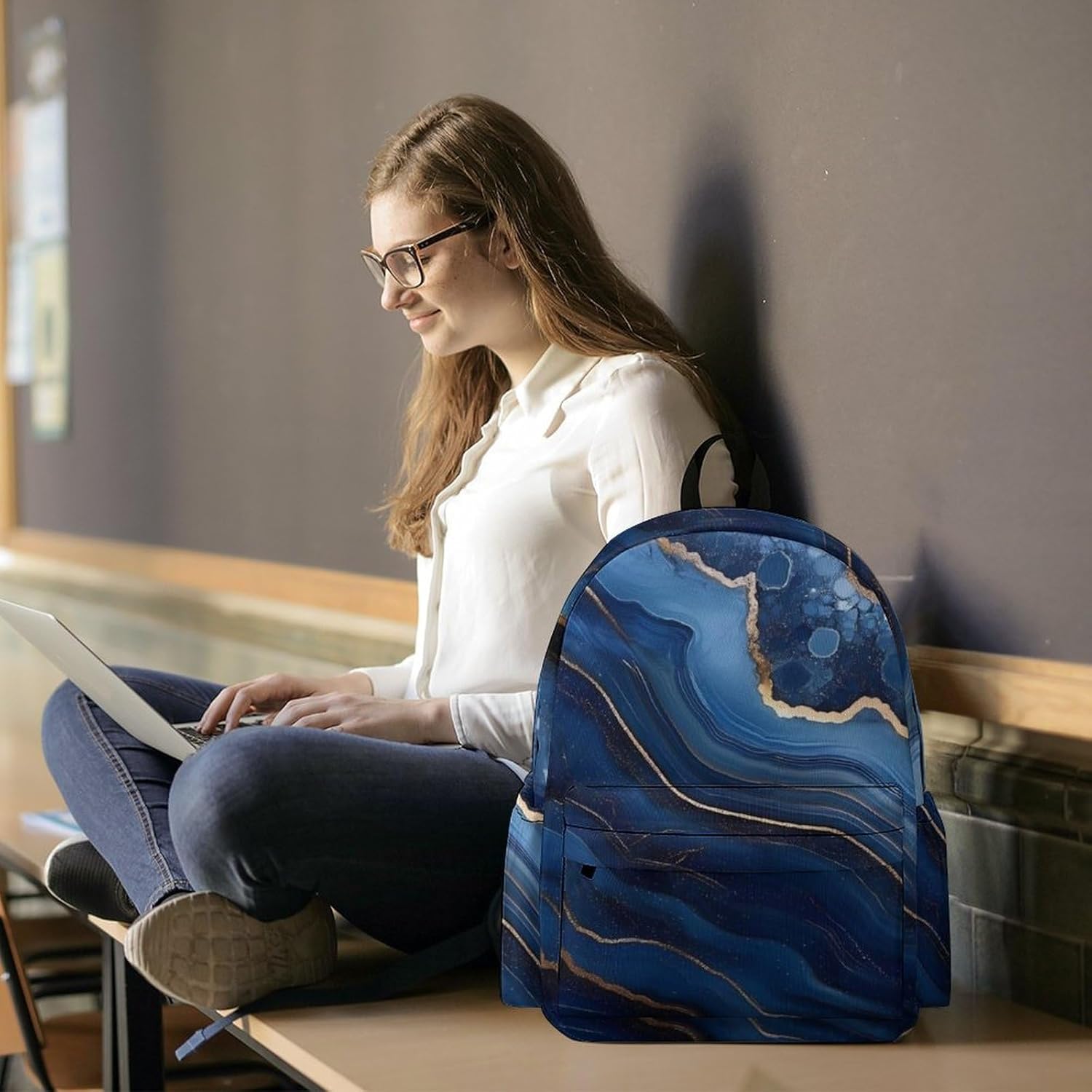 Gold Dark Blue Agate Print Travel Backpack Casual Daypack Lightweight Shoulder Bag with Front Pocket