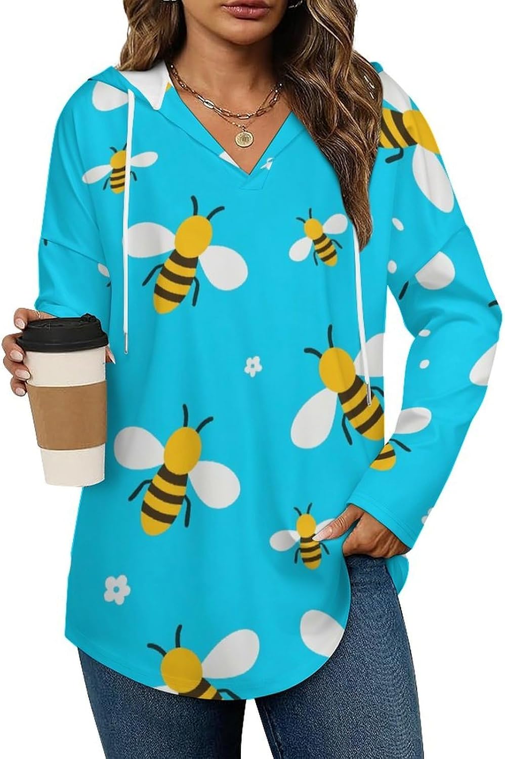 Women's V-Neck Hoodies Long Sleeve Pullover Sweatshirt with Drawstring, Loose Fit Lightweight Casual Top