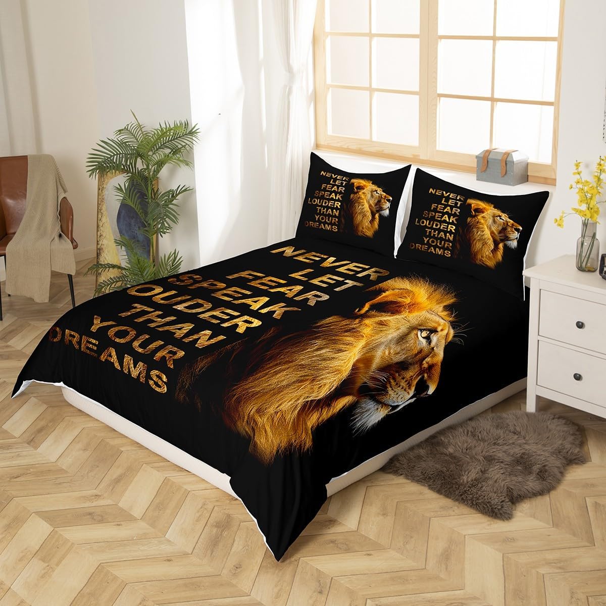 Manfei Wild Lion Duvet Cover,African Wildlife King Animal Quilt Cover(No Filler),Inspirational Quotes Artwork Bedding Set with 2 Pillowcases,Brown Black Teens Room Decor,Queen Size