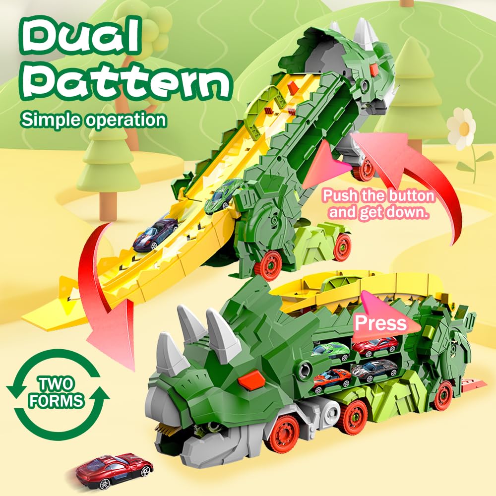 Pardofelis Transport Truck speelgoedauto's voor jongens van 3 tot 7 jaar, draagbare dinosaurus, truck, speelgoedauto met 10 raceauto's, autotransporter, speelgoedset voor kinderen, groen