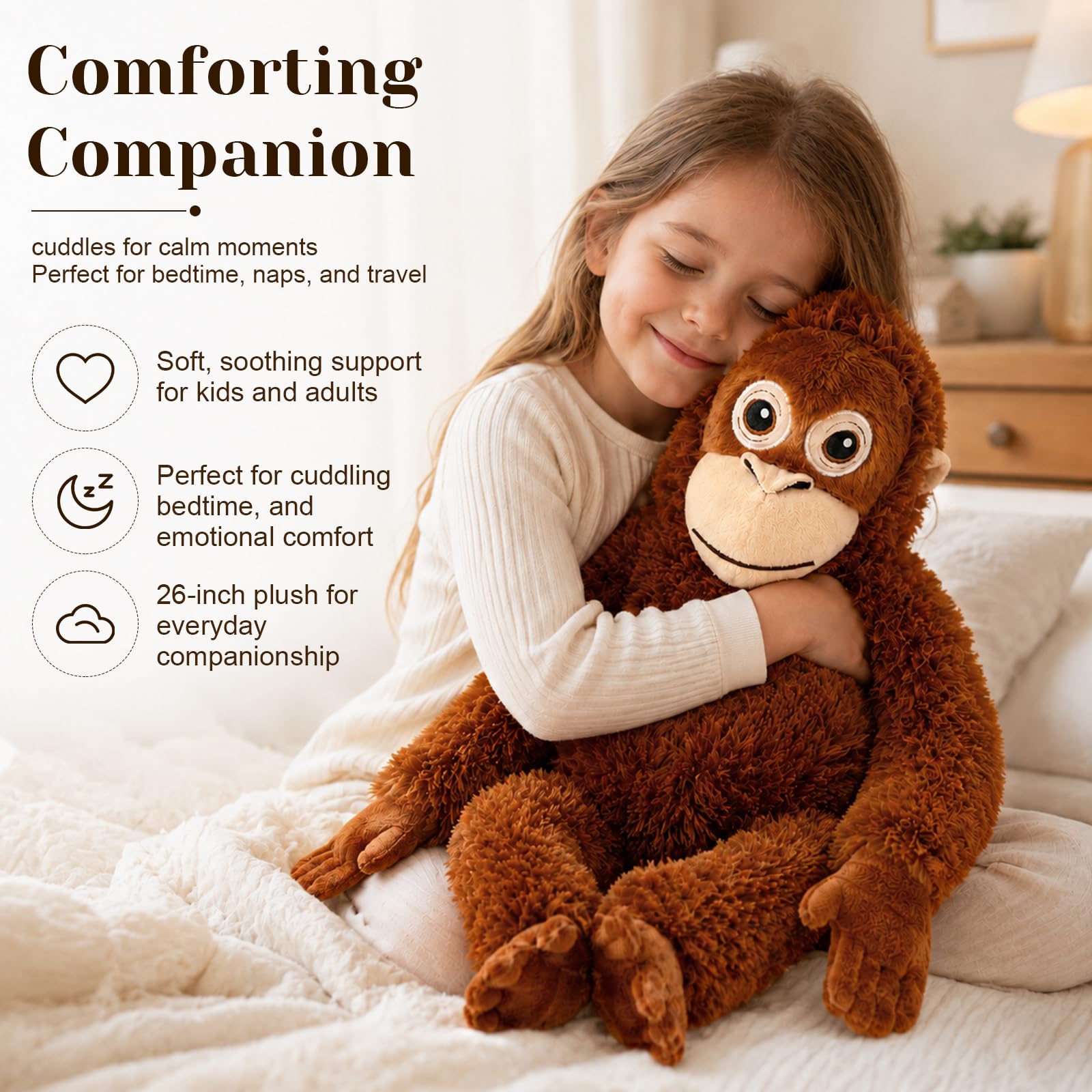 66 cm Punch Affe Plüsch-Affe Stofftier, weicher Orang-Utan-Plüsch mit Klettverschluss Händen und Füßen, umarmbare emotionale Unterstützung, Komfort, Begleiter, Plüschtier, Geschenk für Kinder