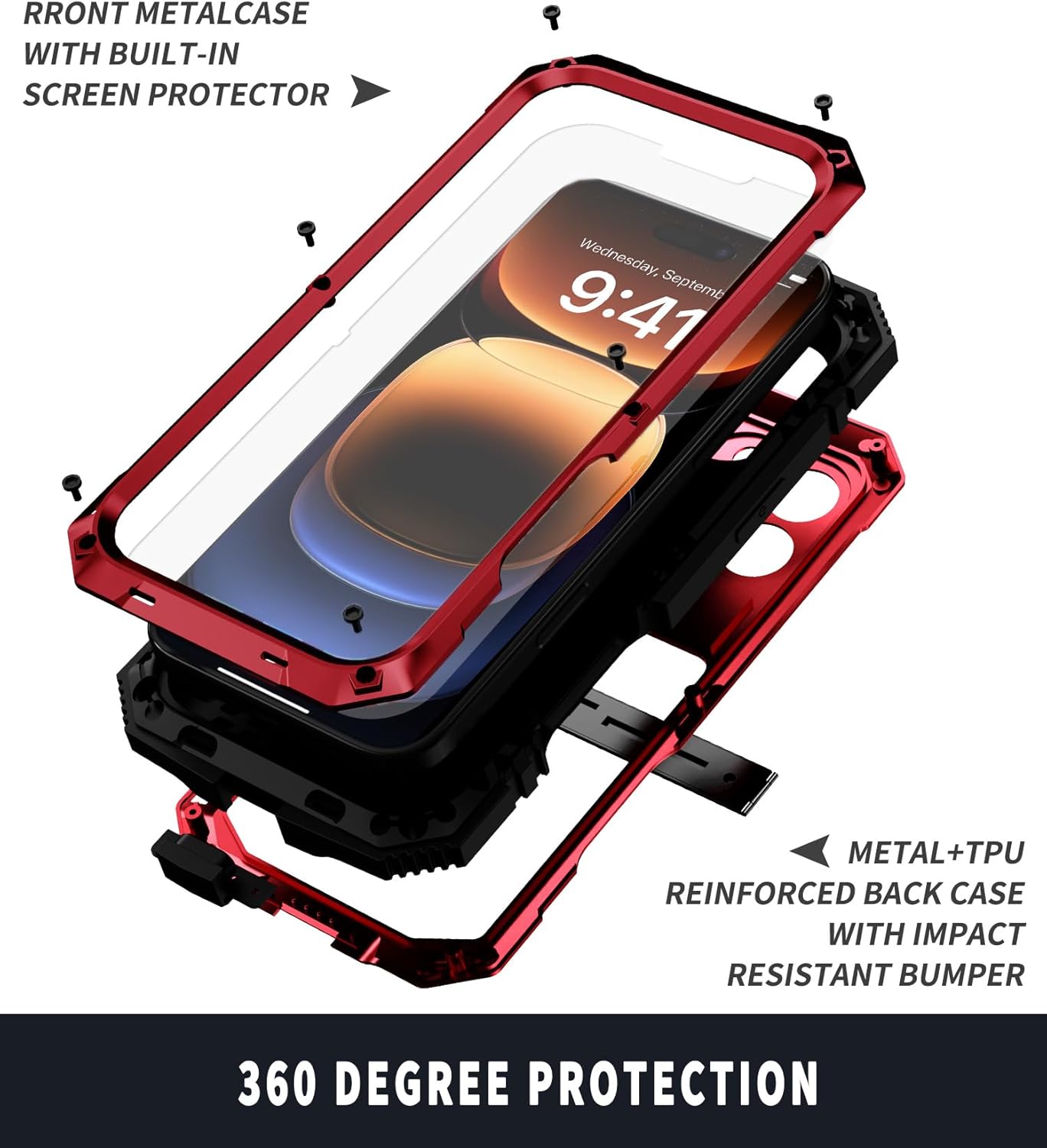 Simicoo Compatible with iPhone 16 Metal Case with Screen Protector Camera Protector Military Rugged Heavy Duty Shockproof Case with Metal Kickstand Full Body Tough Dustproof Case (Red)