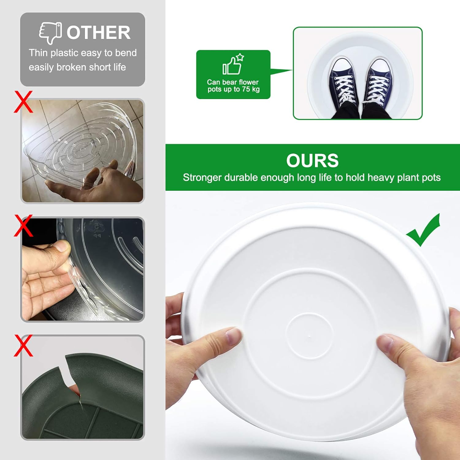 TITE 3 Pack Plant Saucer Heavy Duty Sturdy Drip Trays for Indoor and Outdoor (14 Inch, White)