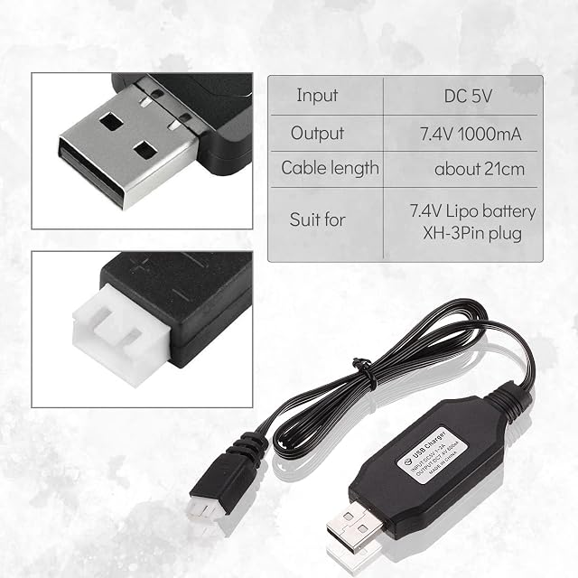 Foto 3 de 7 de RUIZHI 2pcs Cable Cargador USB, 7.4v 1000mA Cable Cargador USB Charger Cable con Conector XH-3P SCX24 RC Car