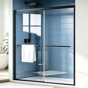 MORVANO Double Sliding Shower Door 56-60" W x 72" H, Semi-Frameless Bypasss Bathroom Glass Shower Sliding Doors, Walk-in Glass Shower Door with 1/4" 6mm SGCC Certified Tempered Glass, Matte Black