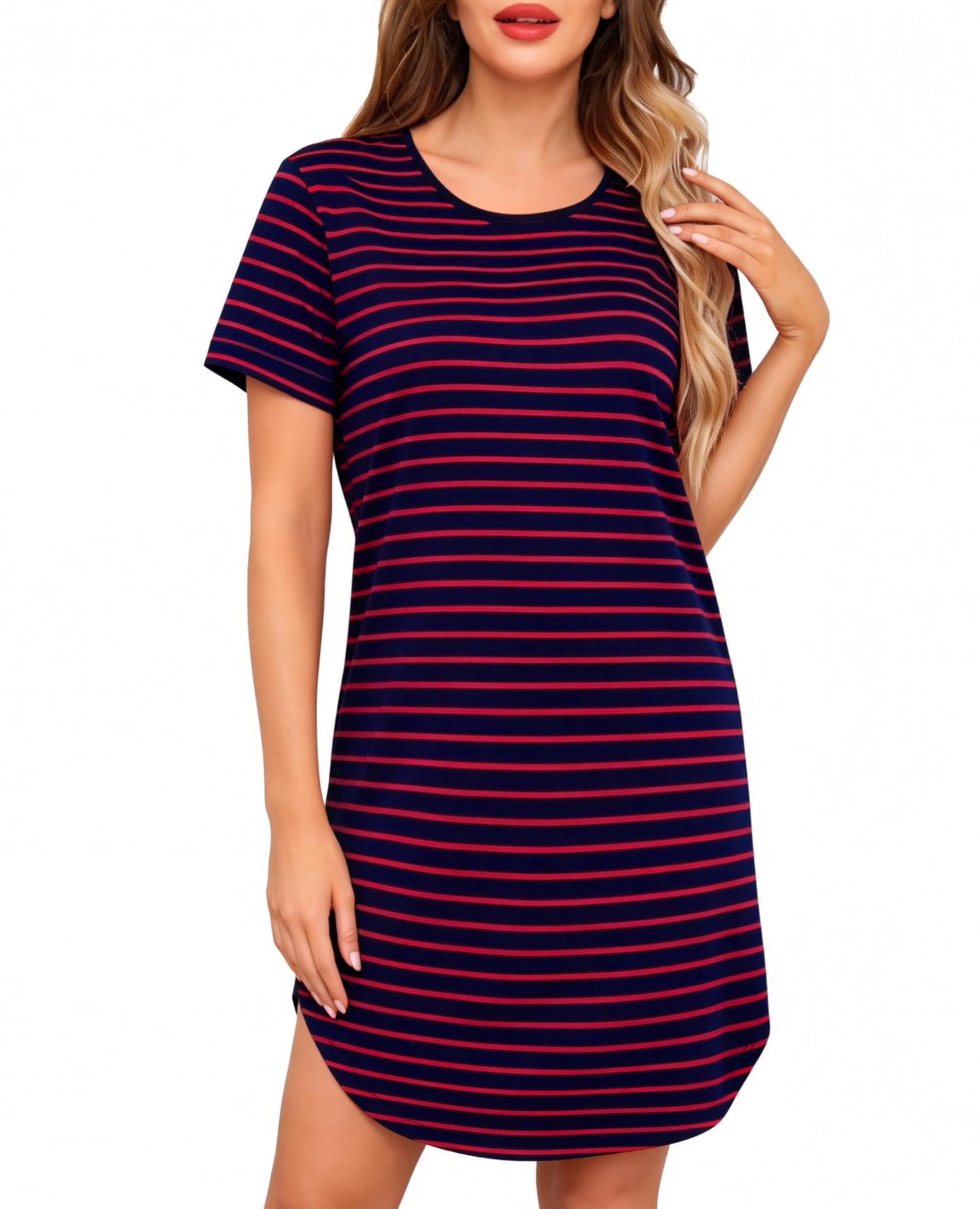 Lovasy Nachthemd Damen Baumwolle Kurzarm Rundhals Big Shirt Damen Schlafshirt Gestreift Sommer Nachtkleid Schlafshirt mit Taschen