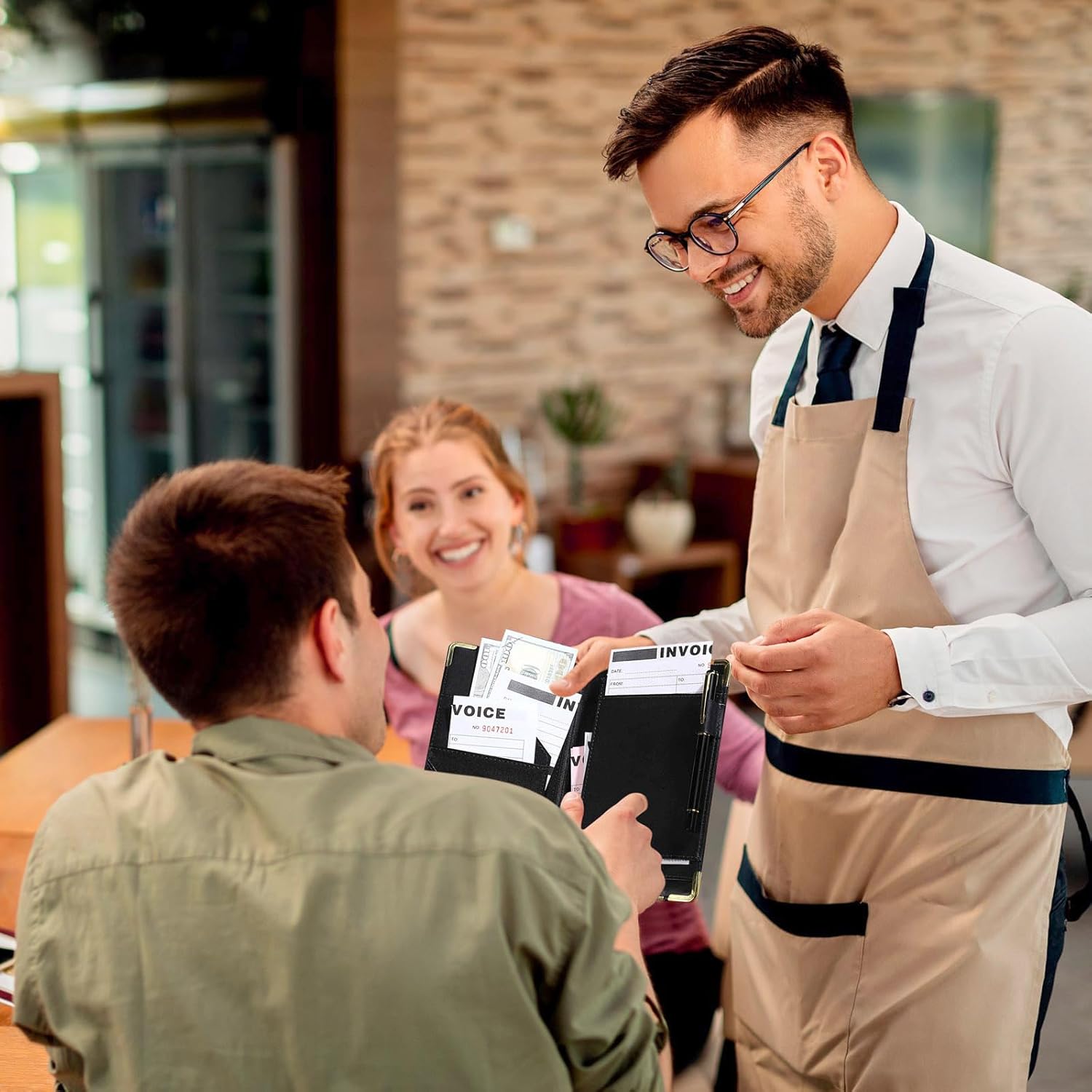 2Pcs Server Books for Waitress with Zipper Pocket, Leather Server Book with Elastic Rope and Protective Corner Fits Server Apron，Serving Book，Black