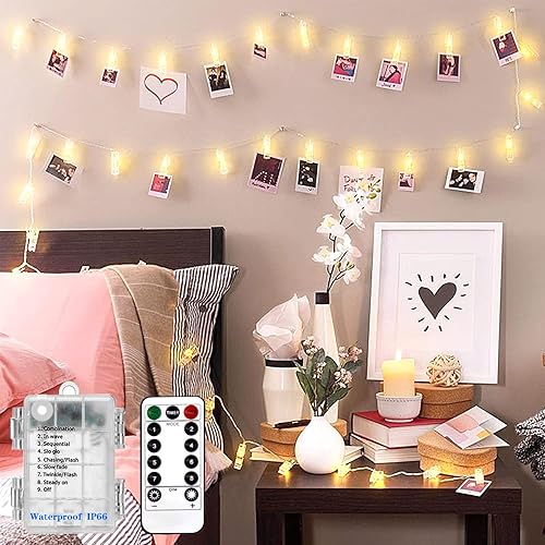 HANNAHONG 20 clips de fotos LED con cadena de luces Twinkle Fairy para colgar imágenes, tarjetas, notas, impermeable, funciona con pilas con 8 modos