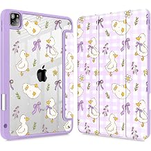 Case for iPad Pro 11 inch 4th, 3rd, 2nd & 1st Gen 2022 2021 2020 2018, Buit in Pencil Holder with Shockproof Cover Clear Shell + Auto Wake/Sleep, Duck & Bow Purple