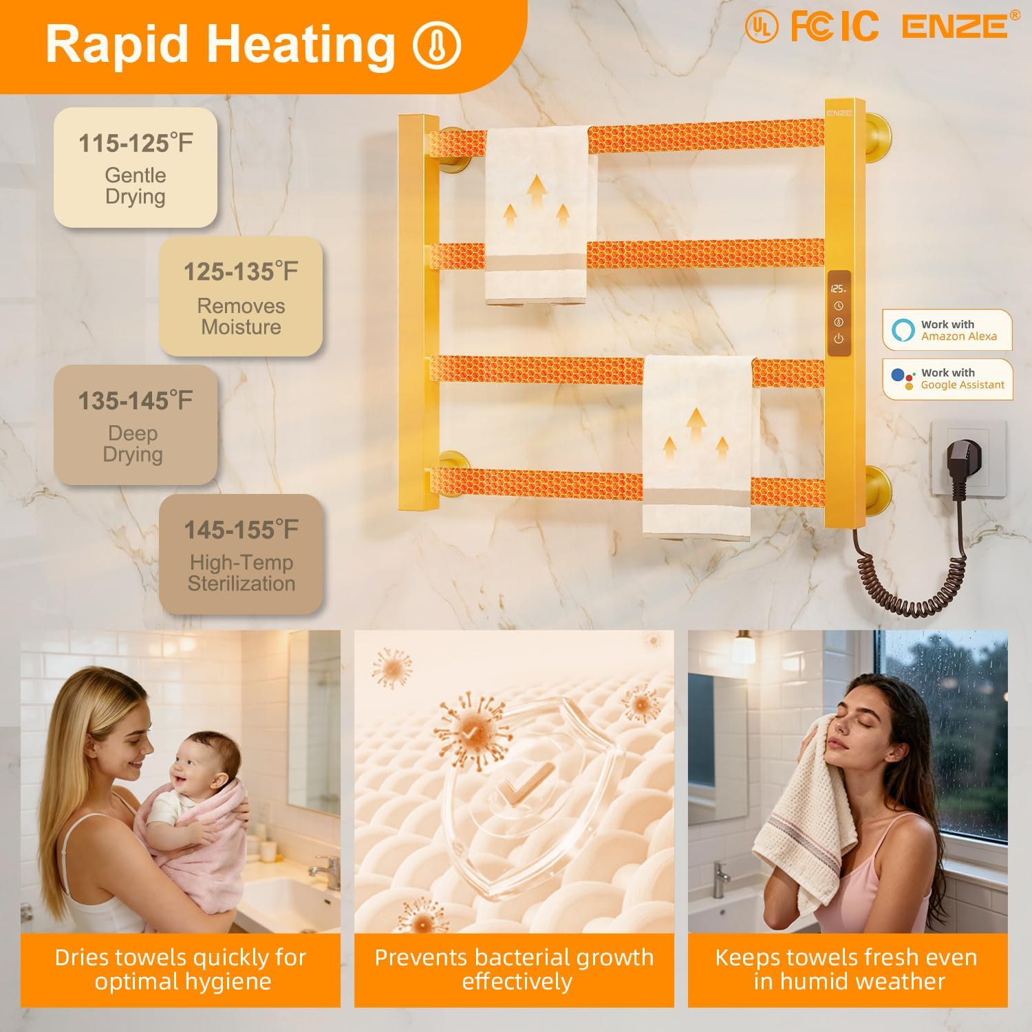 ENZE Smart Heated Towel Rack, 4-Bar Wall-Mounted Electric Towel Warmer 115W, Wi-Fi App Control & LED Touch Screen, Adjustable Temperature & 24H Timer, IPX5, Plug-in/Hardwired, Gold