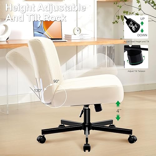 Miniatura 8 de Silla cruzada con ruedas, escritorio de oficina grueso acolchado de cuero con patas cruzadas, pelo C con cojín de resorte de bolsillo, base de doble