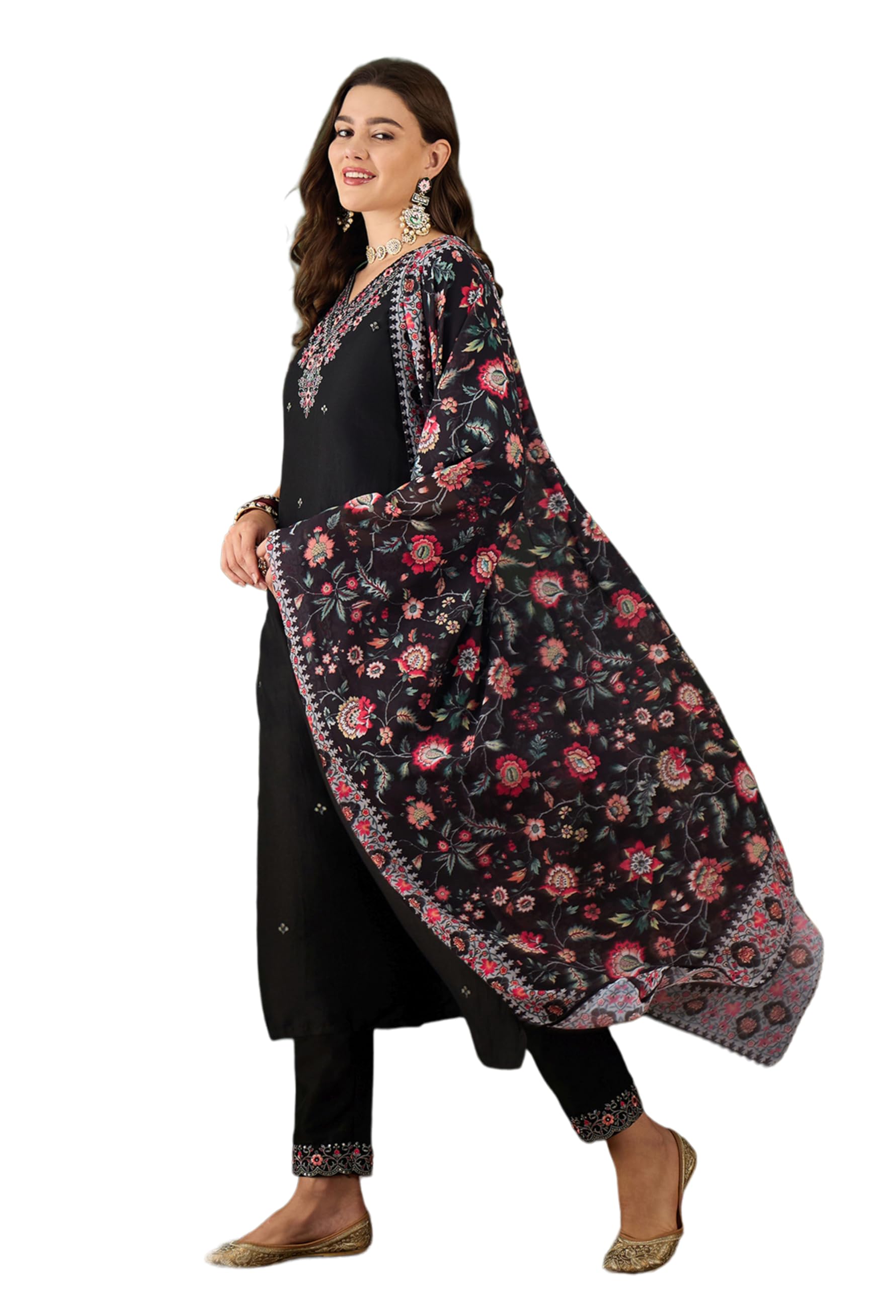 LYMI LABEL Black Roman Silk Sequence Mirror Work Embroidered Kurta With Pant And Georgette Digital Printed Dupatta