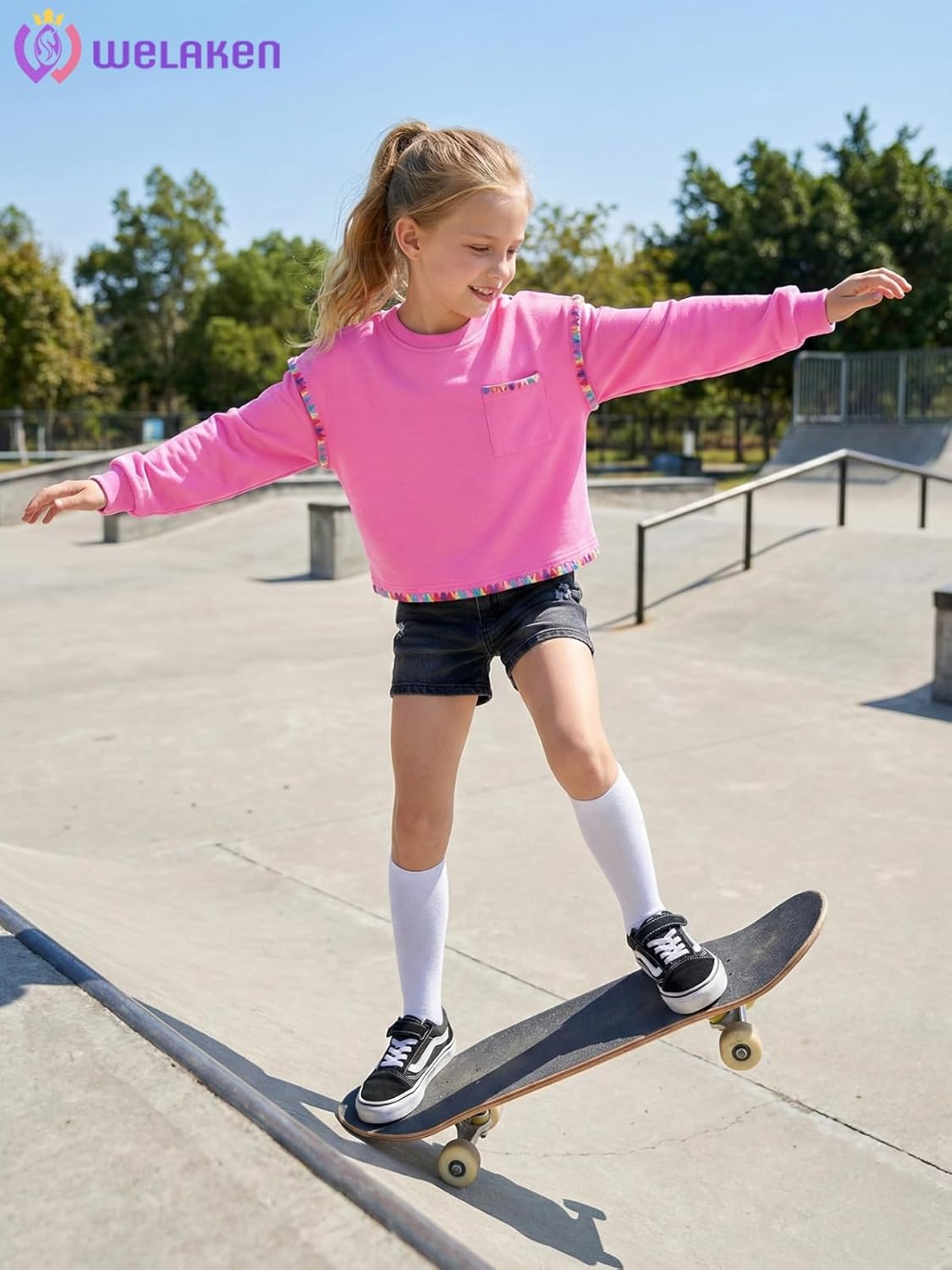 WELAKEN Girls Sweatshirt – Long Sleeve Cropped Pullover with Rainbow Trim and Pocket - Image 3