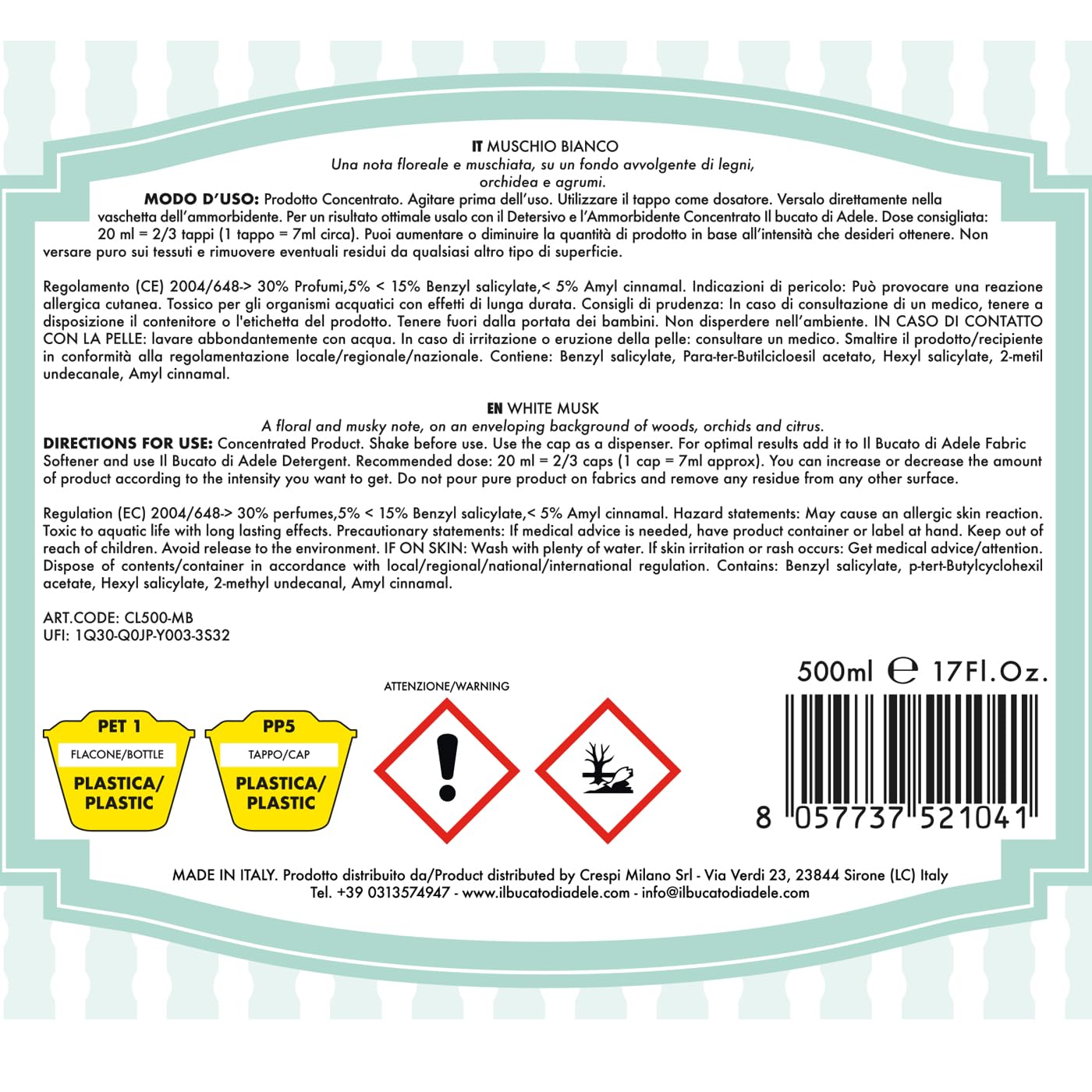 IL BUCATO DI ADELE il bucato che profuma di casa | Parfum pour lave-linge, Fragrance Muschio Bianco, Format 500 ml