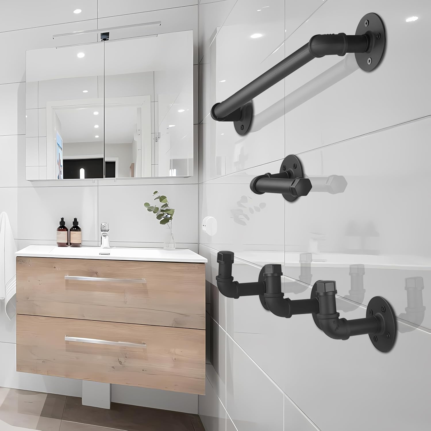 18in Industrial Pipe Bathroom Hardware 5 pcs in One Set Wall Mounted Bathroom Accessories Kit for Hand Towel Bar, Toilet Paper Holder, 3 pcs Robe Towel Hooks, Matte Black