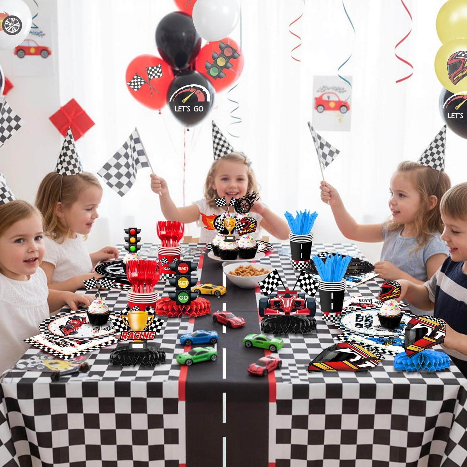 Race Car Birthday Party Decorations Cars Birthday Decorations - Plates, Napkins, Cups, Banner, Hanging Swirls, Tablecloths, Balloons, Honeycomb Centerpieces for Boys Car Decorations, Serves 24 - Image 7