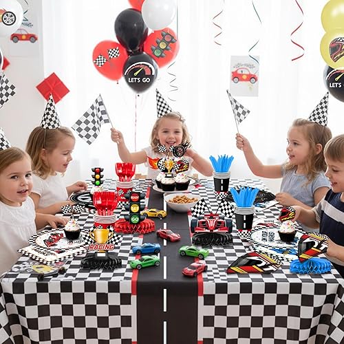 Vista 7 de Decoración de fiesta de cumpleaños de autos de carreras, decoraciones de cumpleaños de autos: platos, servilletas, vasos, pancarta, remolinos
