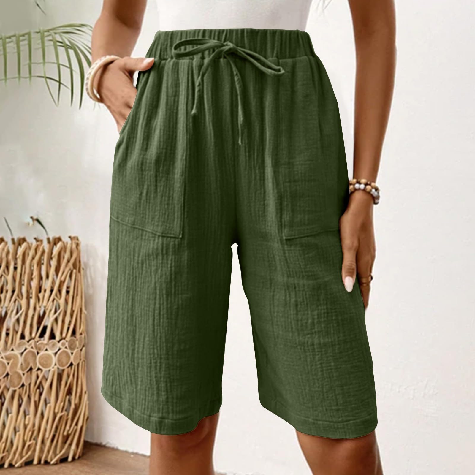 Women Beach Fashion Shorts Drawstring High Waisted Bermuda Shorts Bubble Wrinkle Casual Knee Length Short Pants(#03 Green,Large)