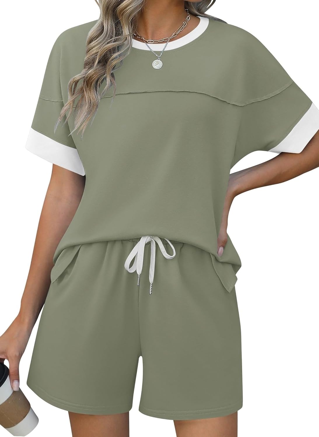Rapbin Comfy Summer Sets with Pockets Loose Fit Color Block Design Matching 2 Piece Sets with Drawstring Waist