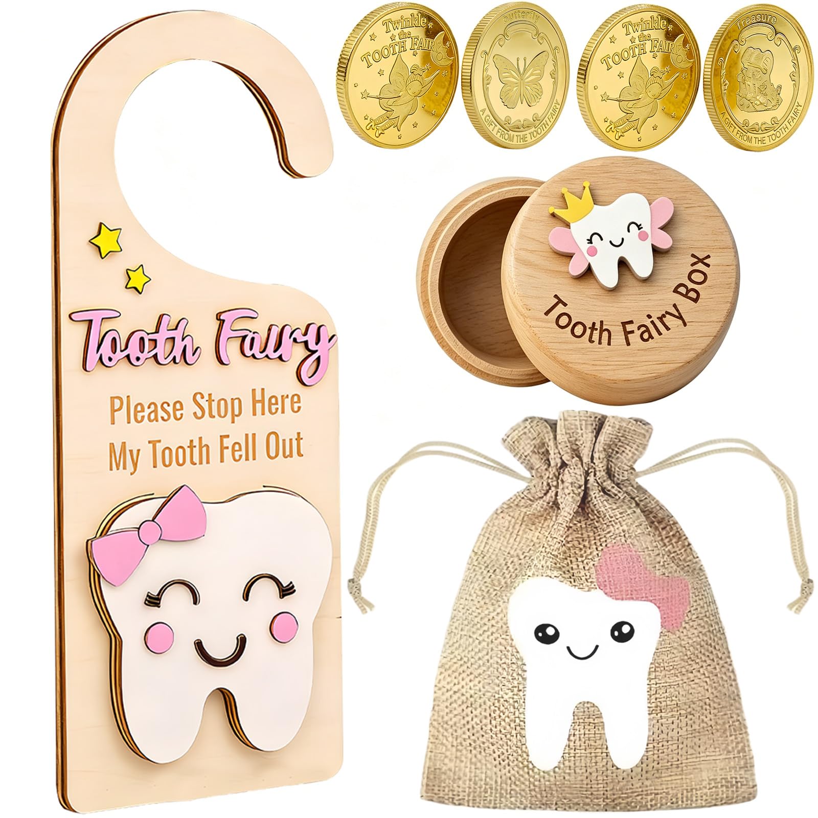5 PCS Tooth Fairy Kit, Tooth Fairy Boxtooth Fairy Bagtooth Fairy Coin Gold Foil Reward Coin for Girl and Boy Cute Birthday Gifts ToothKeepsake BoxTooTh Boxes