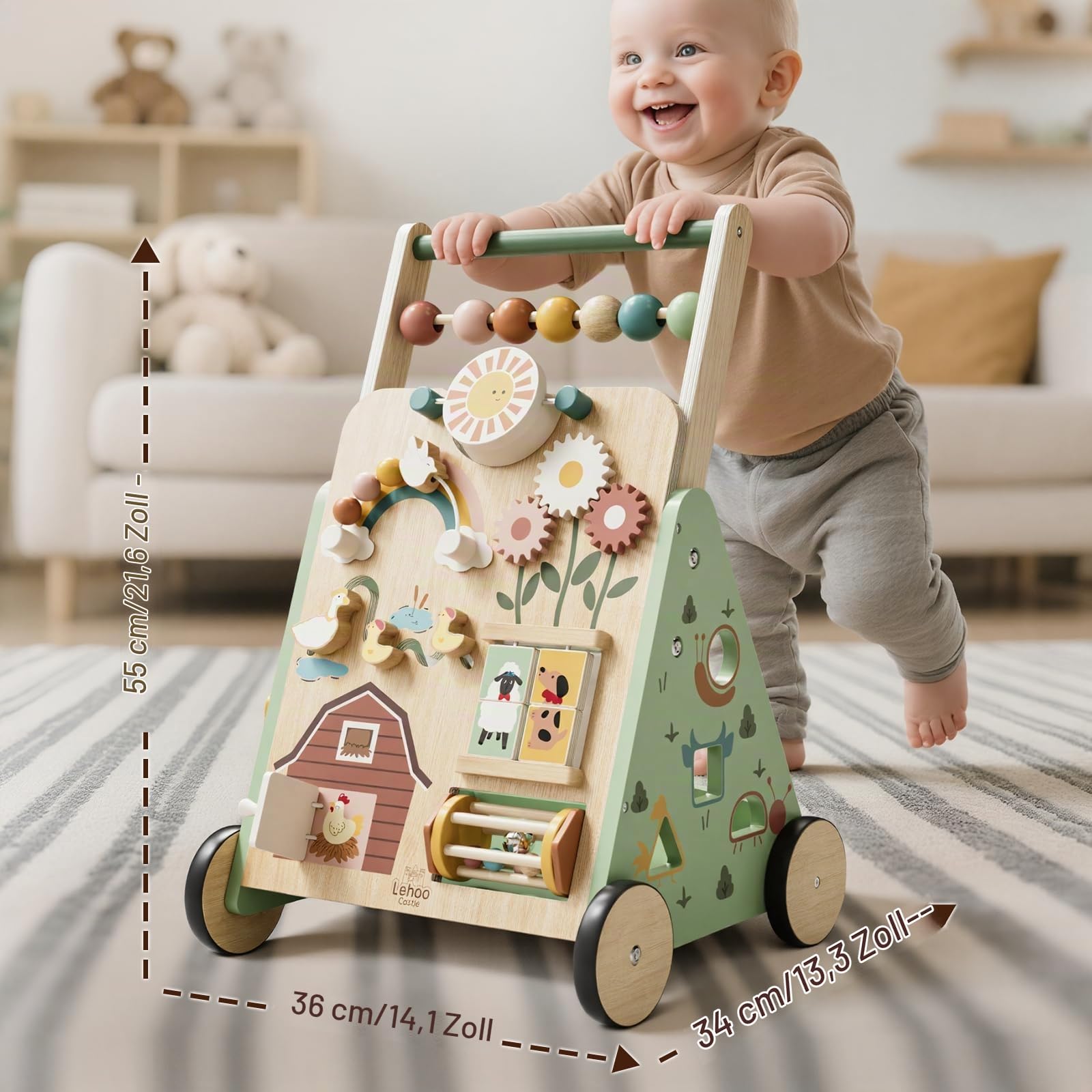 Lauflernwagen, Bauernhof Lauflernhilfe mit 10-in-1 Activity Center, Gehhilfe Baby, Lauflernwagen Holz mit Bremse, Montessori Spielzeug ab 1 jahr