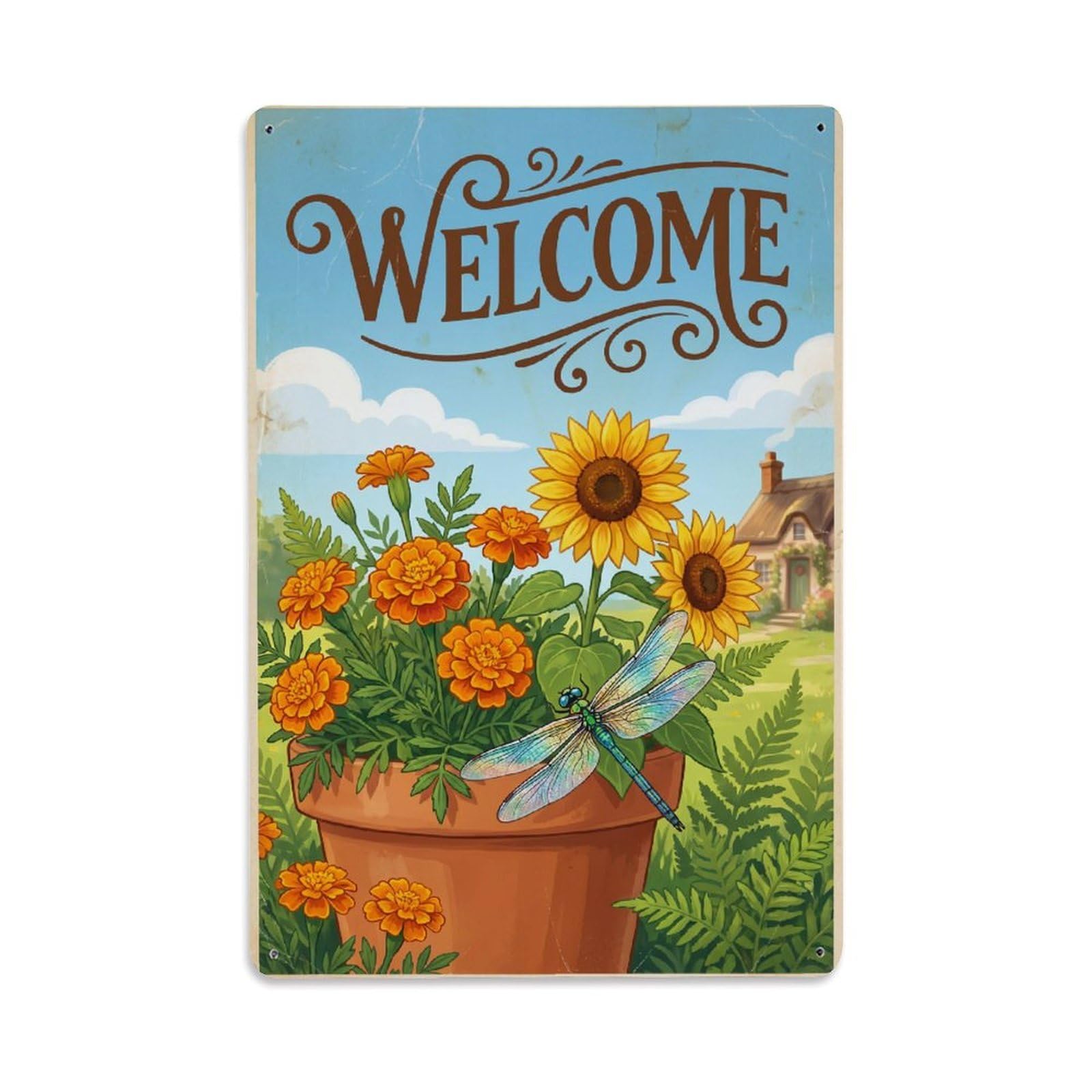 Cxhjca 8X12inch(20X30cm) Vintage Welcome Dragonfly Garden Party Metal Tin Sign