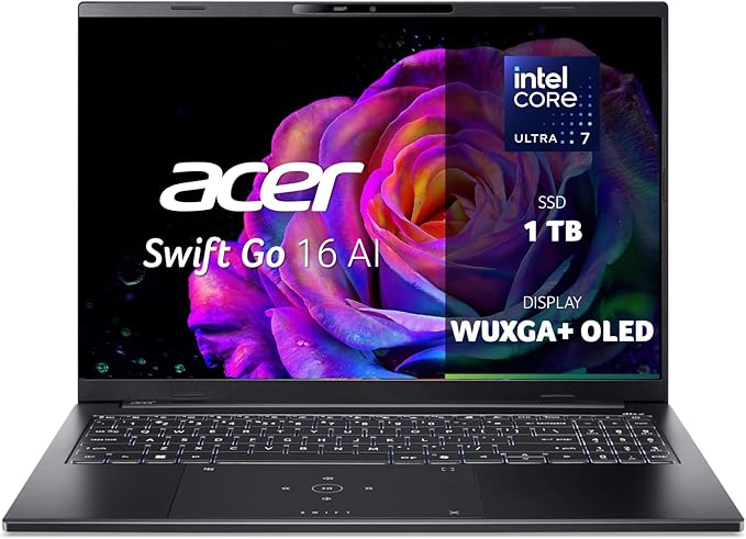 acer Swift Go 16 AI Laptop | Display 16” WUXGA+ OLED | Intel Core Ultra 7 256V | 16 GB RAM | 1024 GB SSD | Copilot+ PC | Windows 11 | QWERTY | PC Portatile IA