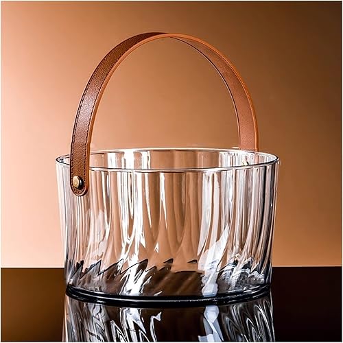 Cubos de hielo de plástico con mango de cuero marrón, cubo de vino transparente, cubo redondo para champán, cubo enfriador de vino, tinas portátiles