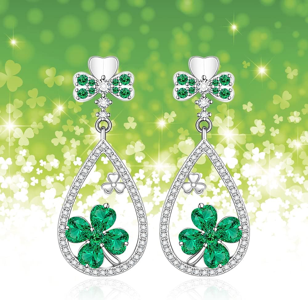 Shamrock St Patricks Day Earrings for Women-S925 Sterling Silver Studs Hypoallergenic Green Four Leaf Clover Dangle Earrings Jewelry Gifts