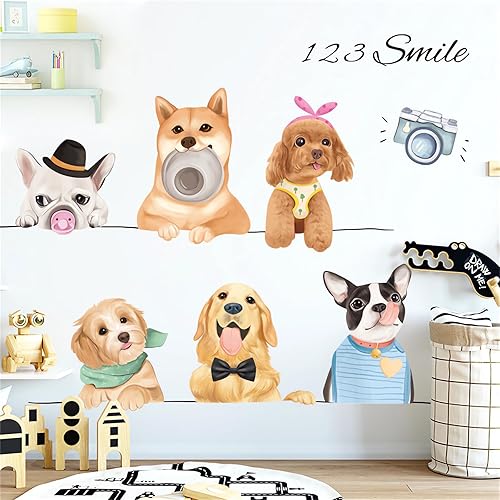 Miniatura 2 de Calcomanías de pared de seis razas de cachorros, diseño de animales de dibujos animados de sacinora Dog, calcomanías de pared extraíbles de vinilo