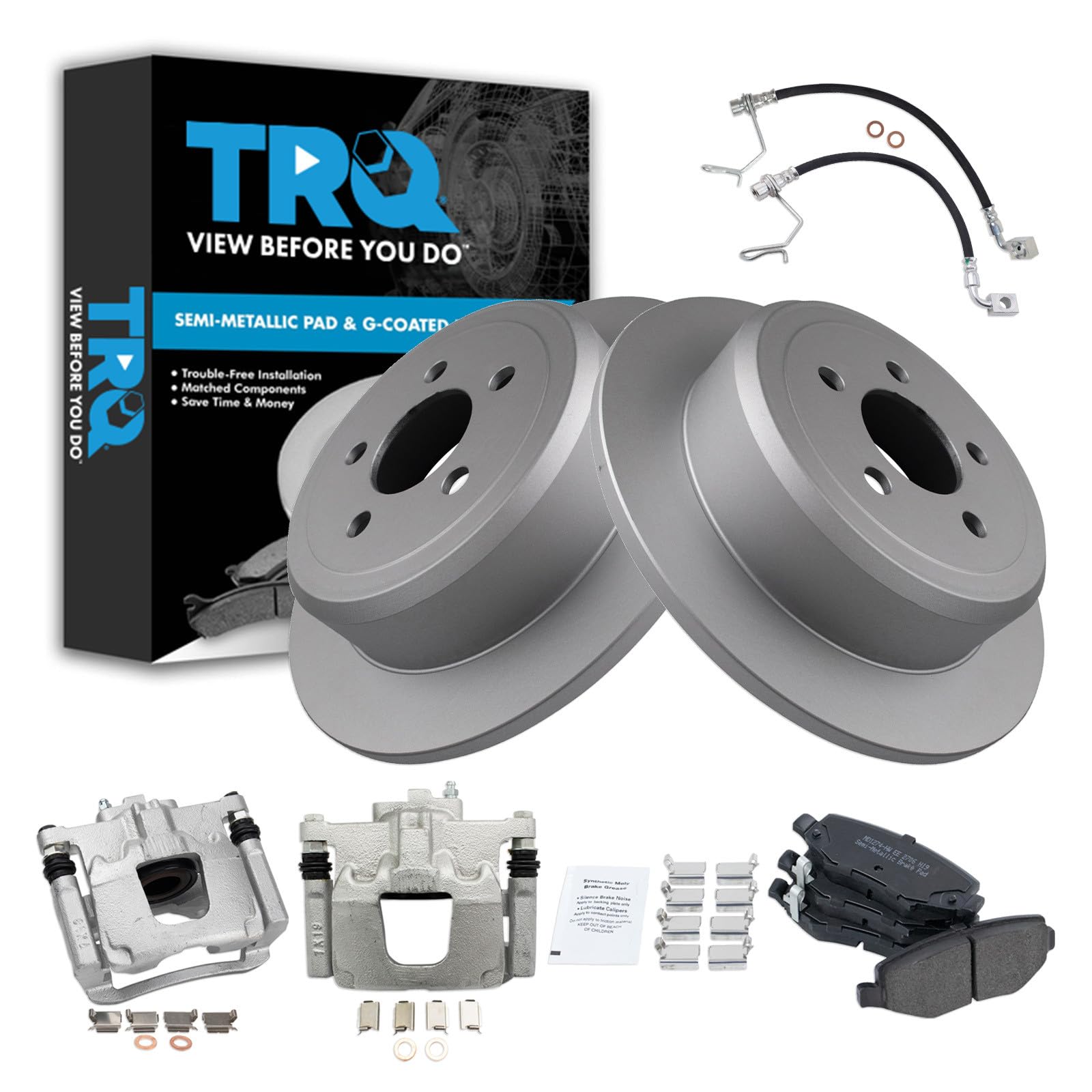 TRQ Rear Brake Pad and Rotor Set Semi Metallic G Coated Rotors Calipers Compatible with 2008-2012 Jeep Liberty