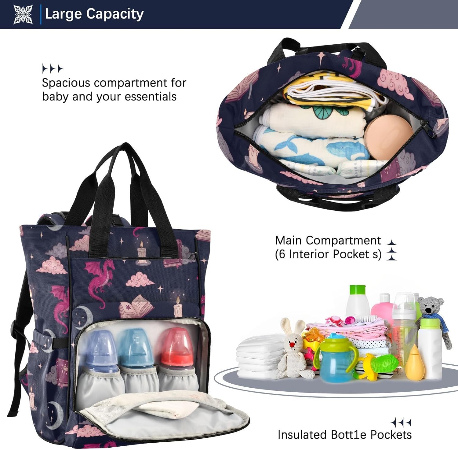 Dragon Candle Cloud Black Pattern Diaper Bag Backpack for Baby Boys Girls Multifunction Baby Essentials Travel Tote with Stroller Straps & Bottle Storage Large Travel Diaper Backpack for Baby