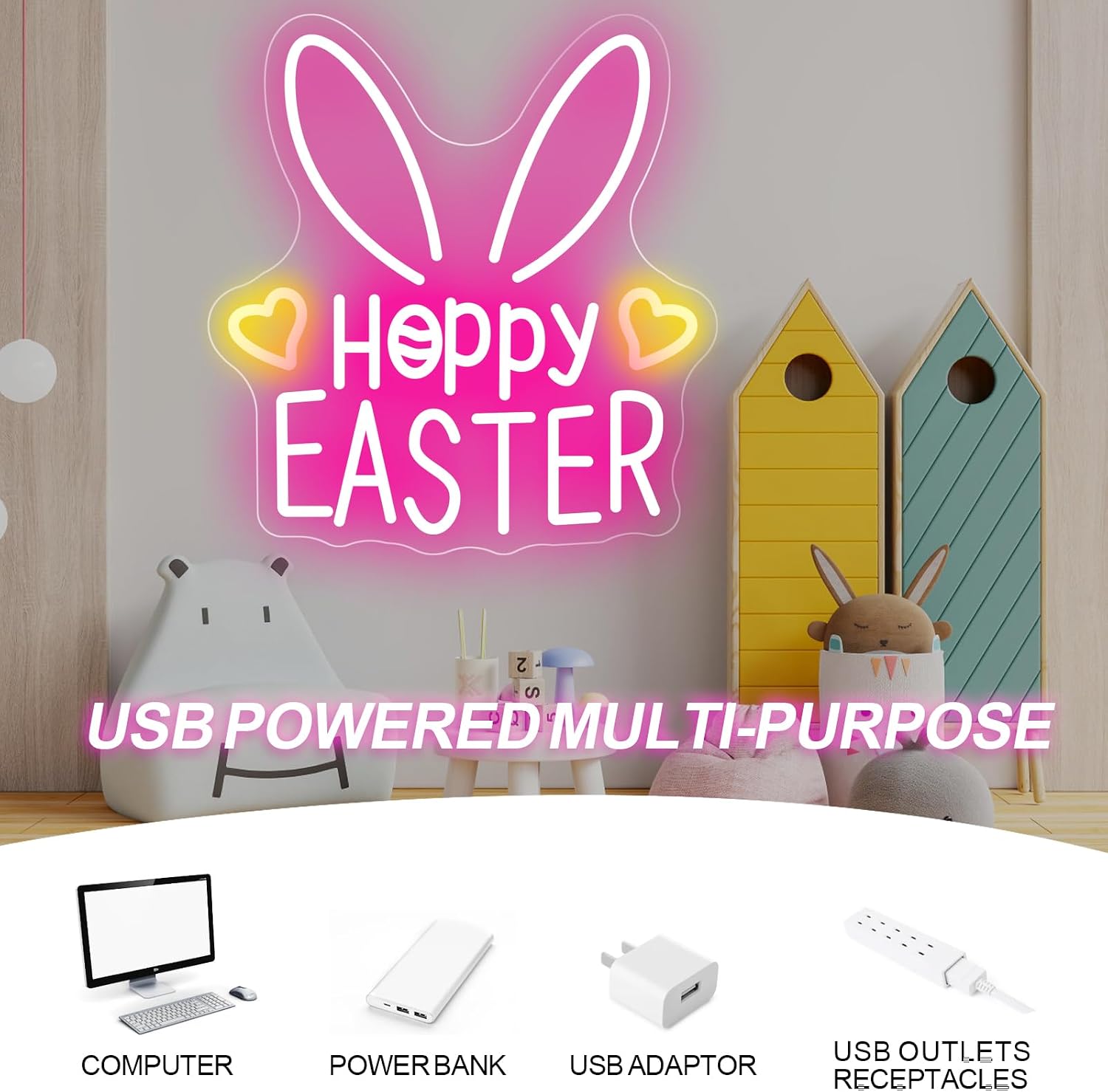 Happy Easter Neon Sign - Dimmable USB Easter Cute Bunny Neon Signs & Neon Light Wall Decor, Ideal for Kids Rooms, Homes, Shops, Gifts