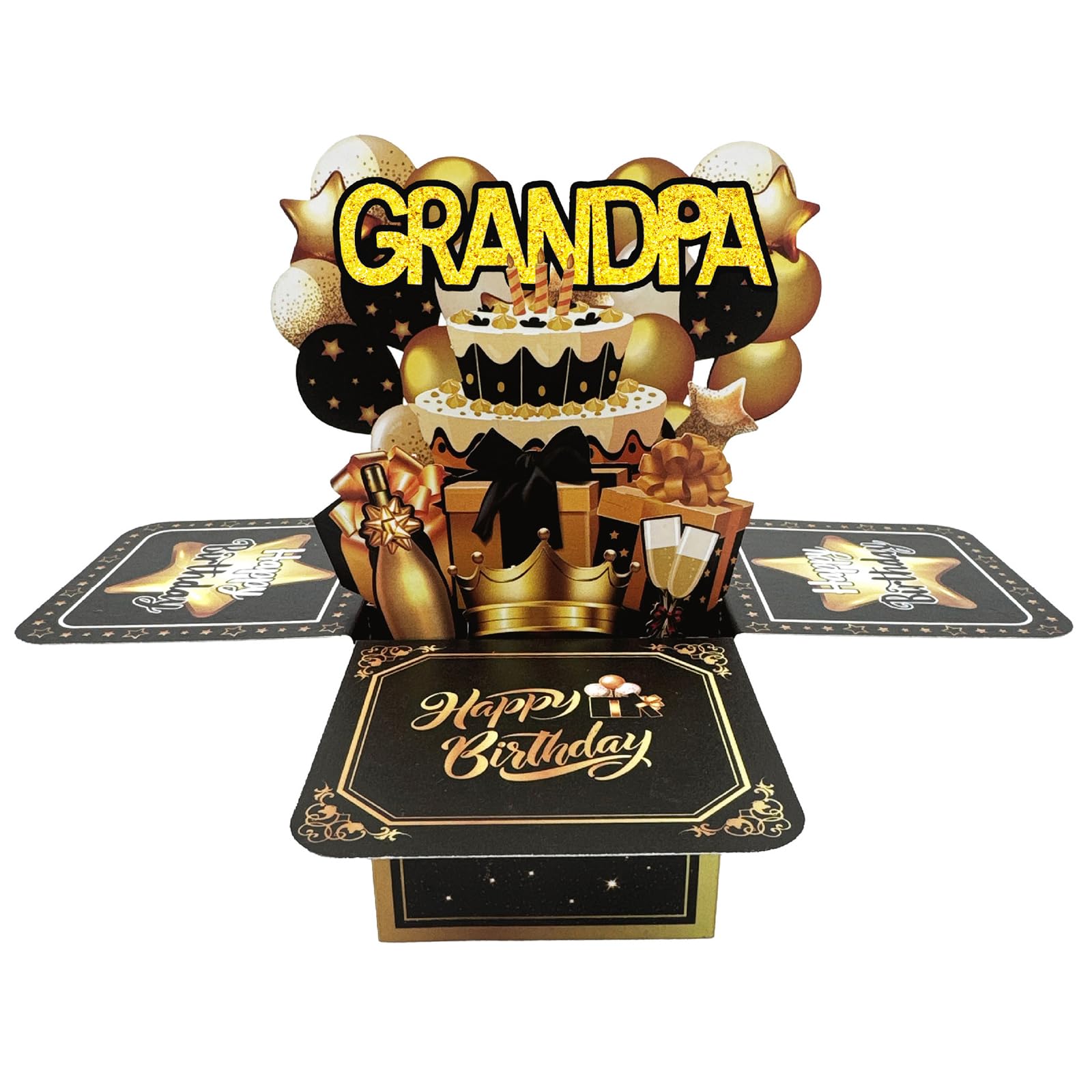 Grandpa Birthday Card, 3D Pop Up Birthday Cards for Men, Black Gold Luxury Pop-Up Greeting Card with Envelope & Note Card, Grandpa Gifts from Grandson Granddaughter