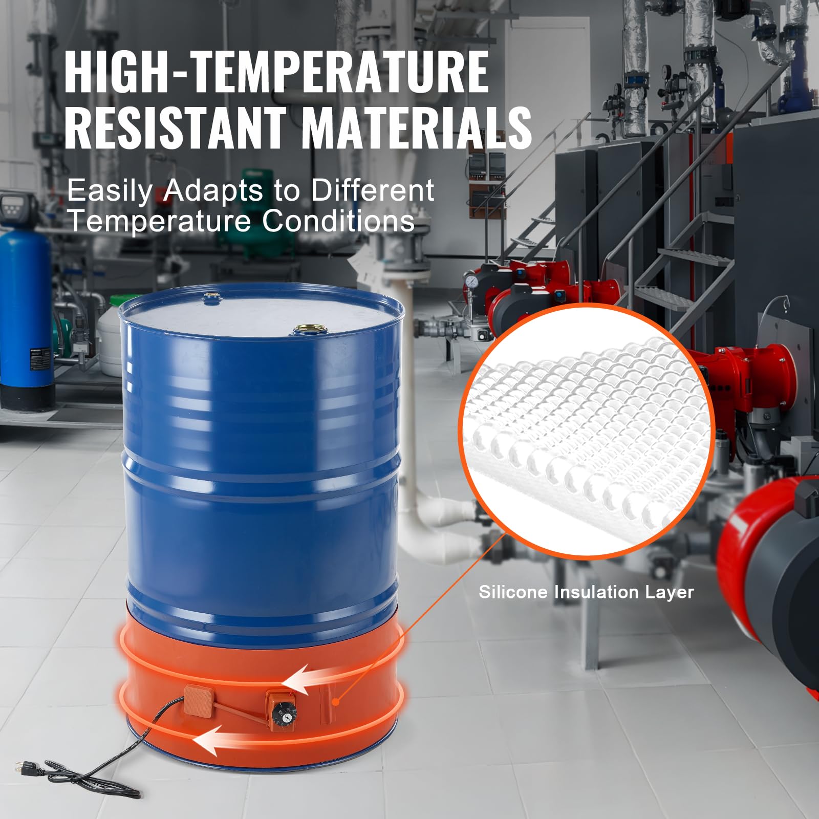 VEVOR Riscaldatore per fusti in metallo 1200 W per fusti da 55 galloni, Larghezza 250 mm, Termostato regolabile 30°C-150°C, Cintura riscaldante per fusti per grasso al silicone, Arancione