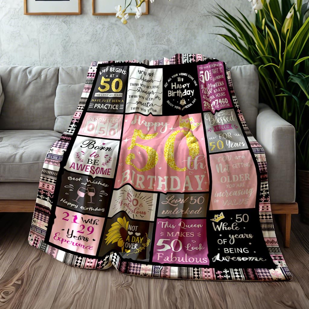 50th Birthday Gifts for Women Girls Throw Blanket 80"X60", 50th Happy Birthday Decorations Blanket, 50th Unique Happy Birthday for Women, 1975 Birthday Gifts for 50 Year Old Woman Throws