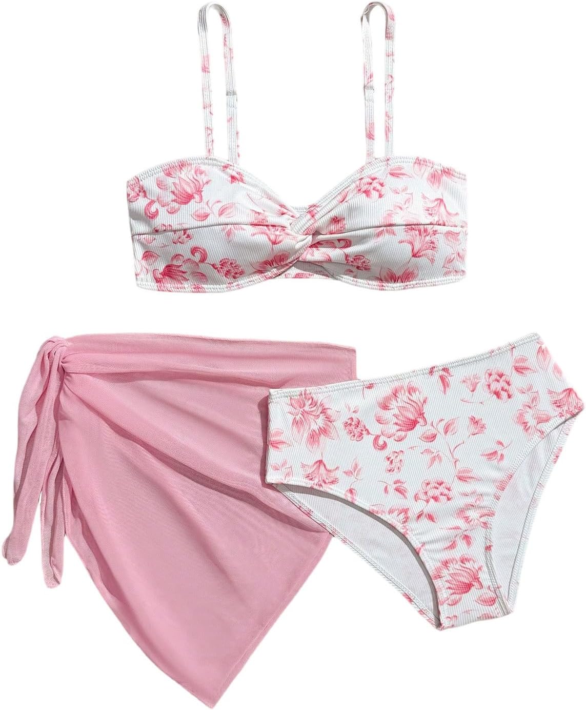 SHENHE Girl's Swimsuits 3 Piece Floral Print Bathing Suits with Sarong Cover Up Wrap Skirt
