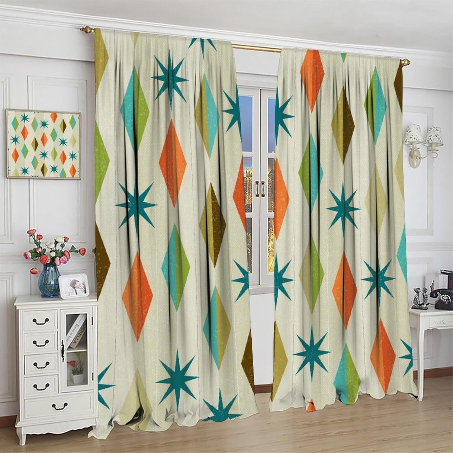 Mid Century Blackout Curtains Abstract Teal Green Yellow Orange Geometric Retro Pattern Print Window Drapes for Bedroom Living Room Kitchen Cafe （W21xL63 Inch） x2 Panels
