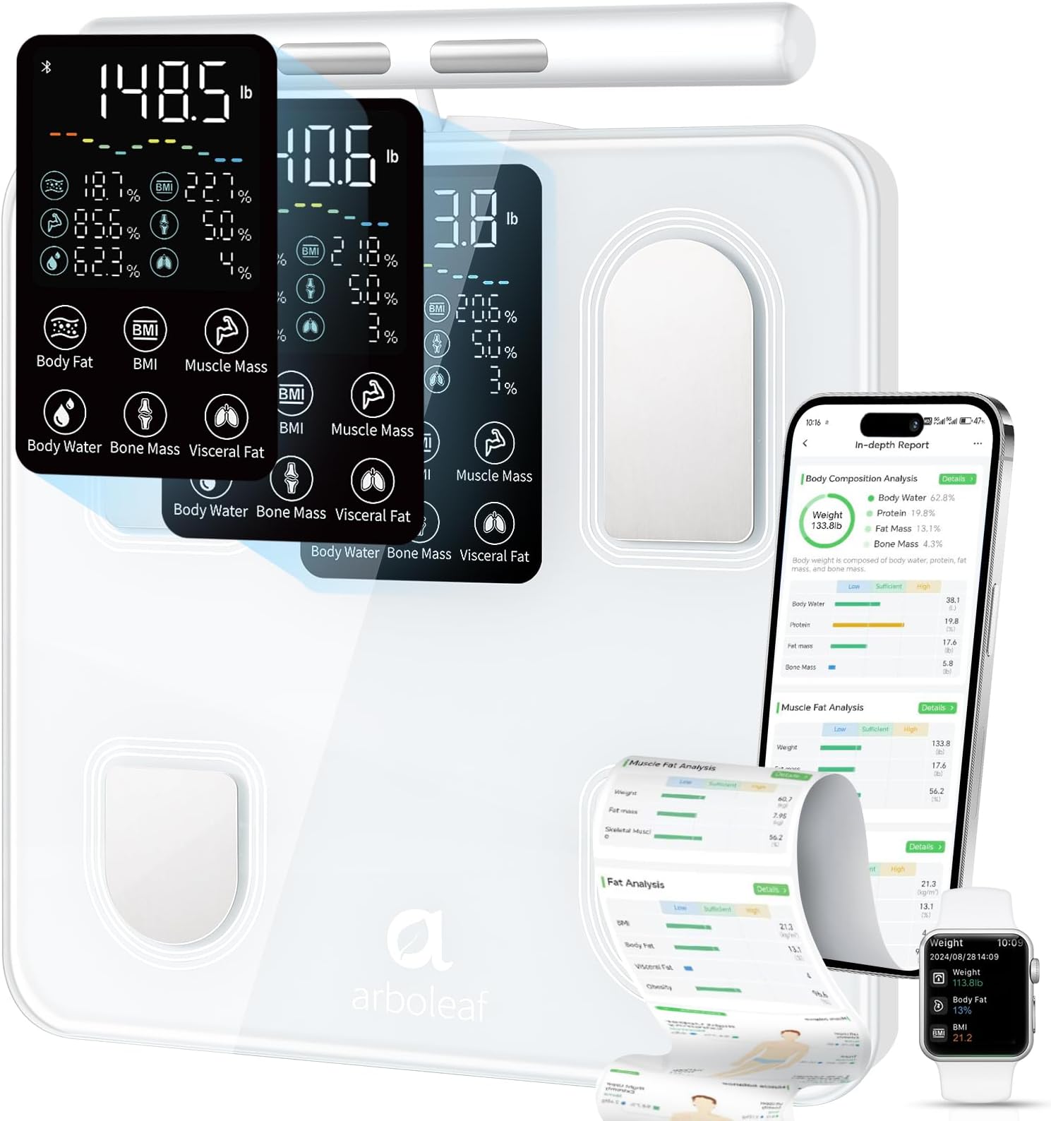arboleaf Scale for Body Weight, Upgrade 50+ Metrics 8-Electrode Smart Scale with BMI, Body Fat, Muscle Mass, Full Body Composition Analyzer, High Precision Digital Bathroom Scale