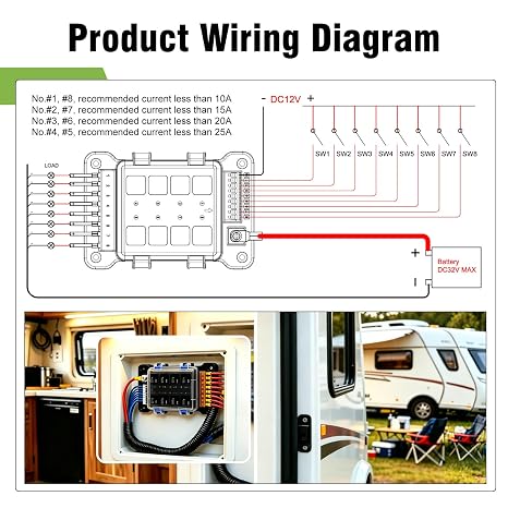 8 Way Relay Box 12V Fuses Relay Panel,Waterproof 8 Gang 4pin Fuse Holder and 8 ATC/ATO Fusible Holder Applicable Load Voltage DC1232V for Automotive Car Marine Boat